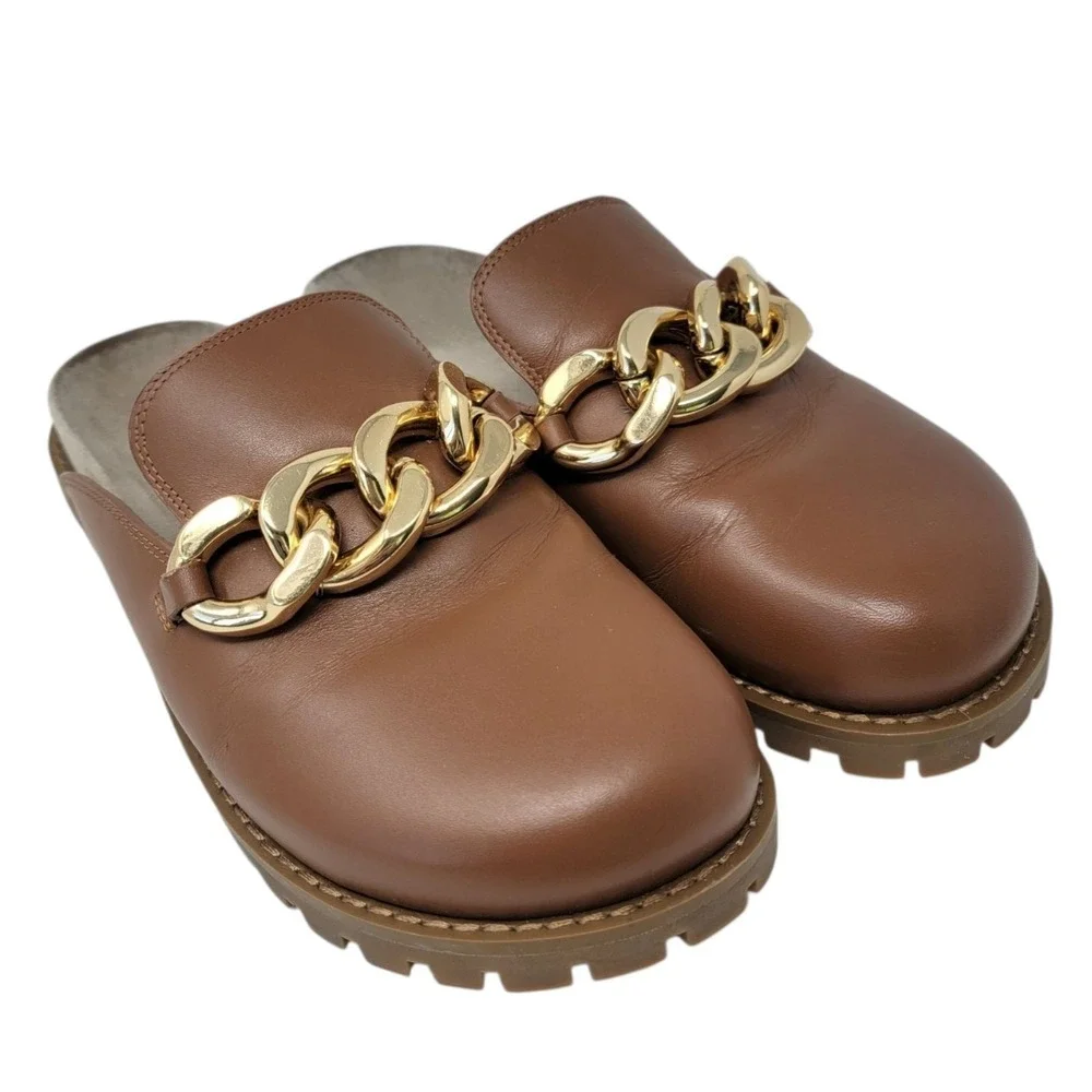 Michael Kors Clogs Mules Womens Size 7.5 Scarlett Gold‎ Chain in Luggage Brown